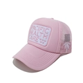 Detailed side view of pink mesh trucker hat with palm tree embroidery and retro logo - Pink