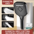 Gunmetal grey handheld square power shower head with three adjustable spray modes - 3-Setting Gun Grey Waterfall Shower Head