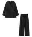 Women's black quilted two-piece lounge set with kimono top and matching straight pants - Black Zirconia Set