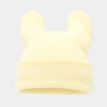 Close-up of light yellow knit hat with cute animal ears showing fine ribbed texture - Goose Yellow