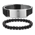 Men's stainless steel mesh bracelet with cross pendant and black beaded agate strand - Black + Black Agate