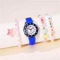 Pink silicone quartz watch set with colorful numeric dial and three beaded bracelets - Watch & Bracelet Set / Blue + Bracelet