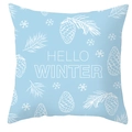 Detail of blue pillow cover featuring Hello Winter text with pine cone and snowflake patterns - Hello Winter Pine Cone Pattern