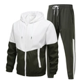 Men's two-piece tracksuit with white and green hooded zipper jacket and matching pants - Army Green and White Patchwork