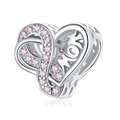 S925 sterling silver heart charm with pink stones and MOM engraving for bracelets - 925 Silver / October Birthstone