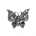Spilla farfalla vintage con cristalli grigio scuro e strass neri su metallo argento - Base Nero Canna di Fucile / Strass Neri