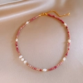 Baroque freshwater pearl necklace with pink beads and gold clasp on champagne silk - Beaded Rhodochrosite Freshwater Pearl Necklace