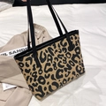 Chic leopard print tote bag in tan and black with large capacity and leather handles - Khaki Leopard