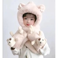 Light pink plush 3-in-1 bear hat with integrated scarf and mittens for kids - Child Thickened Bear Version / Off White