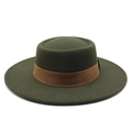 Close-up detail of dark olive wool felt fedora hat featuring a brown decorative band - M (56-58cm) / Army Green with Khaki Ribbon