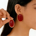 Retro minimalist wine red oval resin earrings with elegant gold trim for women - Oval Style (X619) / Burgundy