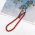 Detail of red crystal beads and black round beads on a handmade phone charm strap - K1009 Red Crystal Beaded Chain