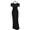 Elegante abito lungo nero all'americana con inserti in mesh e design slim fit ideale - S / Nero