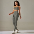 Women's seamless olive green yoga set with cross back sports bra and high waist leggings - 6606 Camisole Bra + Trousers Set - Dark Gray
