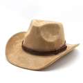 Classic camel western cowboy hat in faux suede with floral textured brown leather band - M (56-59cm) / Camel