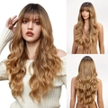 Vorder- und Rückansicht einer langen gewellten Perücke in Ombre Braun-Blond mit Pony - Braun Verlauf Blond (lc8239-6)