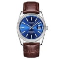 Men's quartz watch with blue sunray dial, silver fluted bezel and brown leather strap - Brown Strap Silver Case Blue Dial Men's