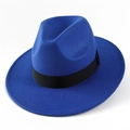 Detailed view of royal blue wool felt fedora hat with elegant black grosgrain ribbon band - M (56-58cm) / Sapphire Blue