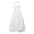 Elegant white halter neck dress with ruched bodice and slit hem on a clean white background - S / White