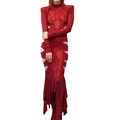 Sexy rode pailletten maxi-jurk met lange mouwen, uitsnijdingen en ongelijke zoom - S / Rood