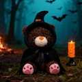 Brauner Plüschteddybär mit schwarzem Hexenhut und Umhang für Halloween Deko - Kaffeebrauner Bär / 30cm