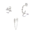 Three-piece silver earring set with floral and teardrop studs and zircon rhinestones - Silver Chain Teardrop 3-Piece Earring Set (#47)