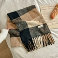 Fashionable beige and brown checkered scarf with tassels in a soft wool blend - Black Camel Grid