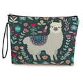 Trousse de maquillage vert foncé avec imprimé alpaga blanc et fleurs boho et dragonne - vert foncé