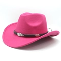 Detail of rose red wool felt cowboy hat with leather band and silver leaf accents - Rose Red