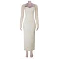 Detail of square neckline and floral lace texture on a slim-fit cream midi dress - S / Apricot