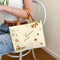 Borsa tote in tela bianco sporco con stampa autunnale e manici marroni tenuta a mano - Raccolto Autunnale - Bianco Crema