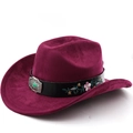 Detail showing western cowboy hat's leather strap with embroidery and emerald gemstone buckle - M(56-58cm) / Burgundy