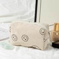 Beige corduroy makeup bag with black smiley face embroidery and metal zipper detail - Beige Heart-Eye Medium Makeup Bag
