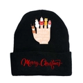 Close-up of a black knit Christmas beanie featuring festive text and holiday patterns - Black-Style A