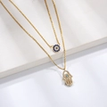 Double-layer gold necklace with crystal Hamsa hand and Evil Eye pendants - 925 Silver / Yellow