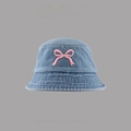 Light blue denim sun hat for women featuring a delicate pink bow embroidery - Front Bowknot Embroidery Bucket Hat / Light Blue