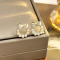 Elegant bowknot pearl wreath stud earrings in gold finish on beige silk cushion - 57# Bow Pearl Hoop Studs