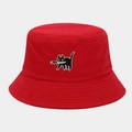 Close-up of funny cat embroidery with a knife on a red cotton canvas bucket hat - M (56-58cm) / Red