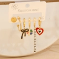 Set of six gold stainless steel earrings with clover and heart charms on display - Butterfly Clover Colorful Enamel 6-Piece Set (5#)