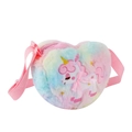Detailed embroidery of a unicorn on a heart-shaped rainbow plush shoulder bag for kids - Pink Multi