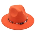 Detail of bright orange wool fedora featuring a beaded decorative band in bohemian style - One Size / Orange Yellow (Obsidian Decoration)