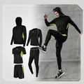 Men's 5-piece black sports compression set with dynamic neon green splicing detail - 2XL / Top And Bottom / Fluorescent Green