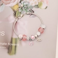 Silver snake chain bracelet with pink flower beads, heart charms and ladybug pendant - Pink Ladybug Flower Style(8#)