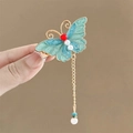 Blue butterfly hair clip with long golden tassel, pearls and vintage Chinese style - F1369 Butterfly