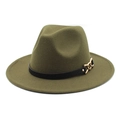 Detailed close-up of olive green wool fedora with black textured band and gold chain link - Army Green