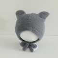 Detail of grey faux mink plush baby hat featuring cute round bear ears and long chin ties - 10 Months - 2 Years / Gray