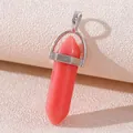 Pink hexagonal crystal point pendant with silver metal bail on a light textured base - Luminous Watermelon Red