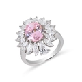 Macro detail of silver flower ring with oval pink stone and marquise cubic zirconia - Pink Sunflower Shape