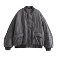 Deep grey quilted bomber jacket with loose fit, ribbed trims and snap buttons for women - XS / Gray