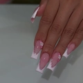 Long square French tip press-on nails with pink base, white edges and 3D floral accents - Pink Gradient French 3D Flower (Glue Style)